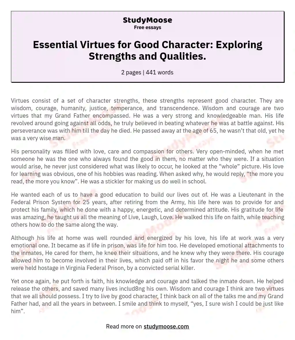 Essential Virtues for Good Character: Exploring Strengths and Qualities. essay