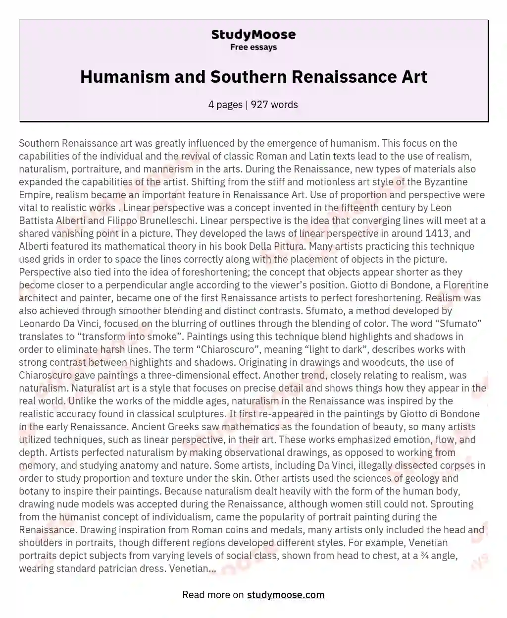 Humanism and Southern Renaissance Art essay