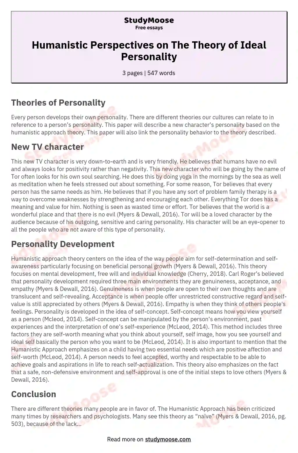 Humanistic Perspectives on The Theory of Ideal Personality essay