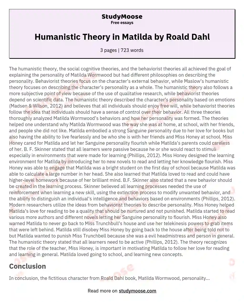 Humanistic Theory in Matilda by Roald Dahl essay