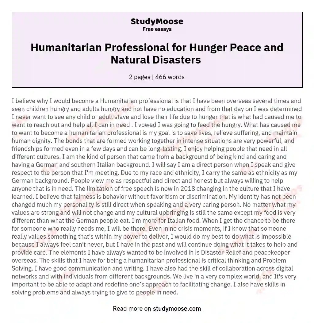 Humanitarian Professional for Hunger Peace and Natural Disasters  essay