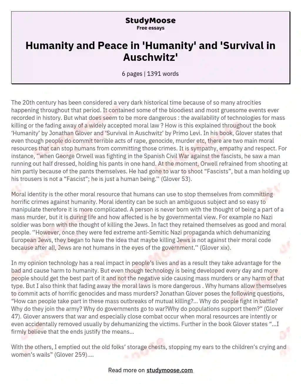 Humanity and Peace in 'Humanity' and 'Survival in Auschwitz' essay