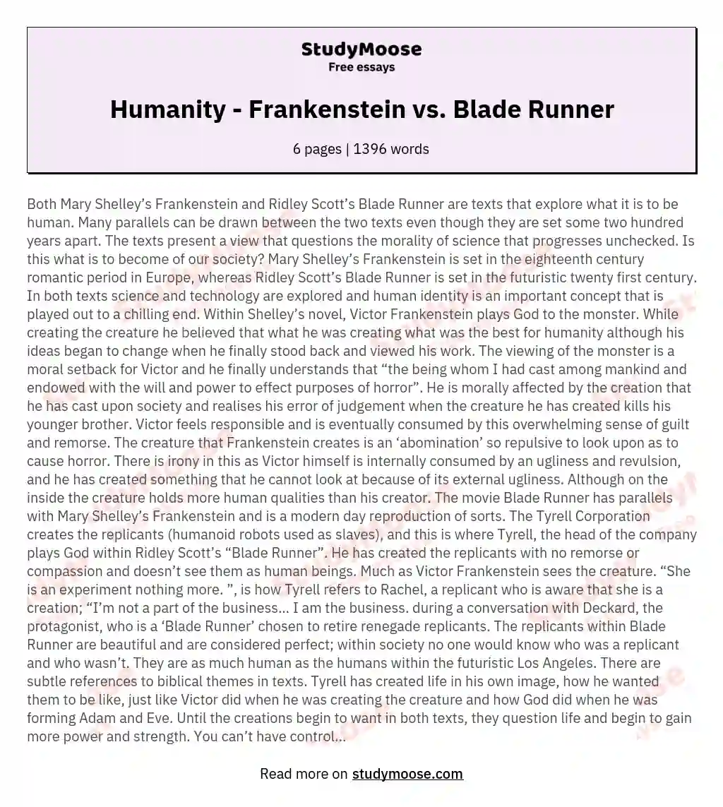 Humanity - Frankenstein vs. Blade Runner essay