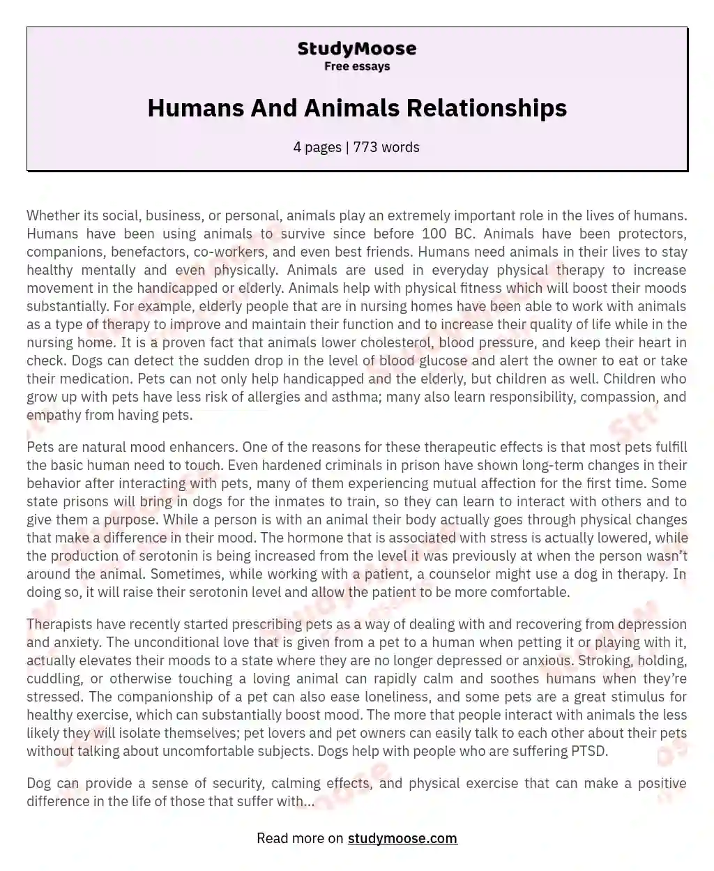 Humans And Animals Relationships essay