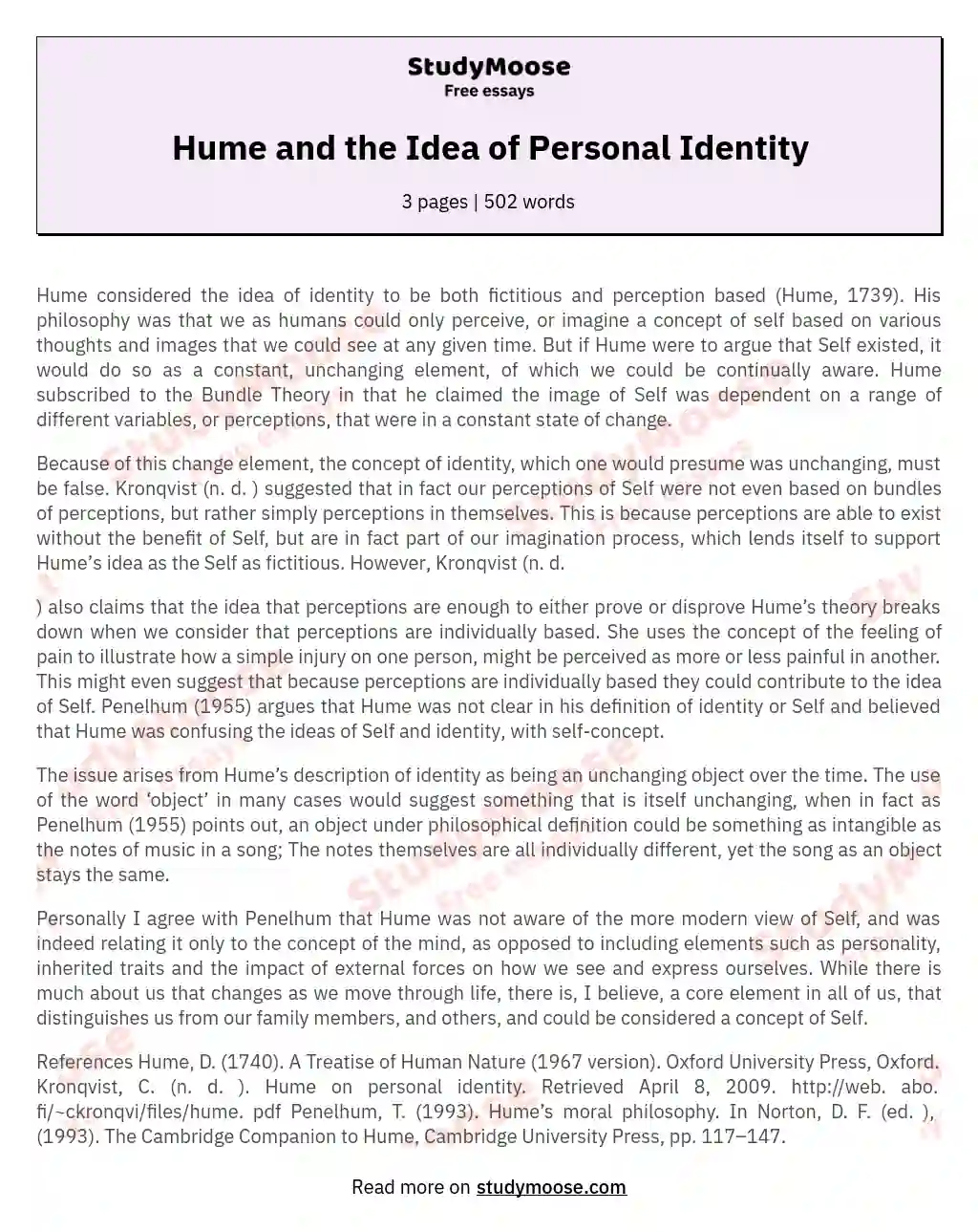 Hume and the Idea of Personal Identity