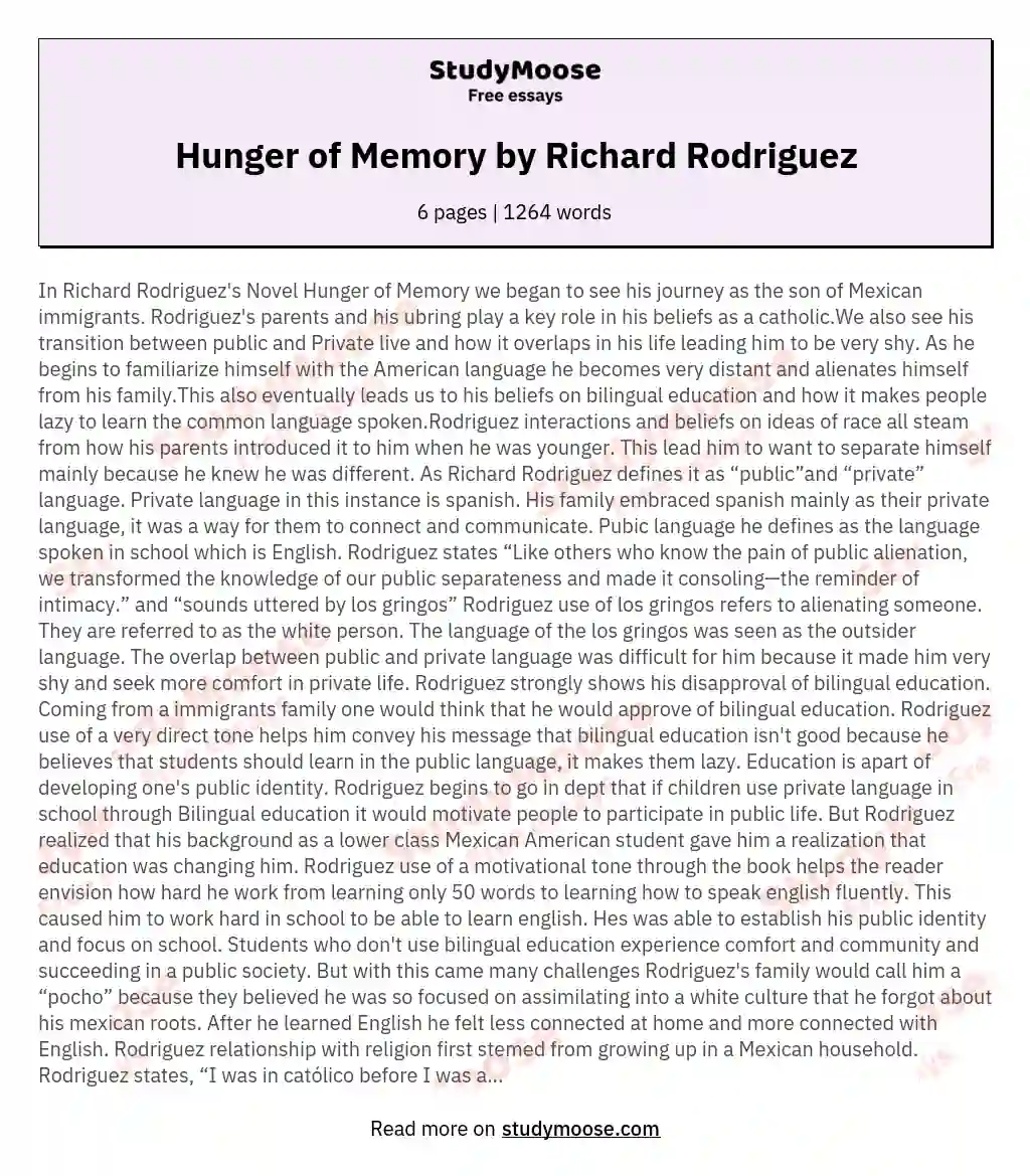 Hunger of Memory by Richard Rodriguez essay