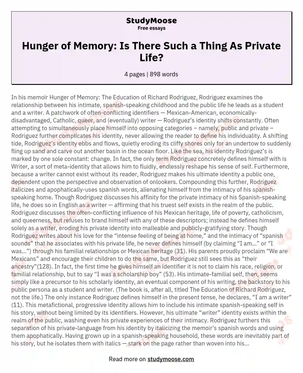 Hunger of Memory: Is There Such a Thing As Private Life?