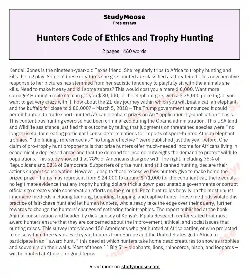 Hunters Code of Ethics and Trophy Hunting essay