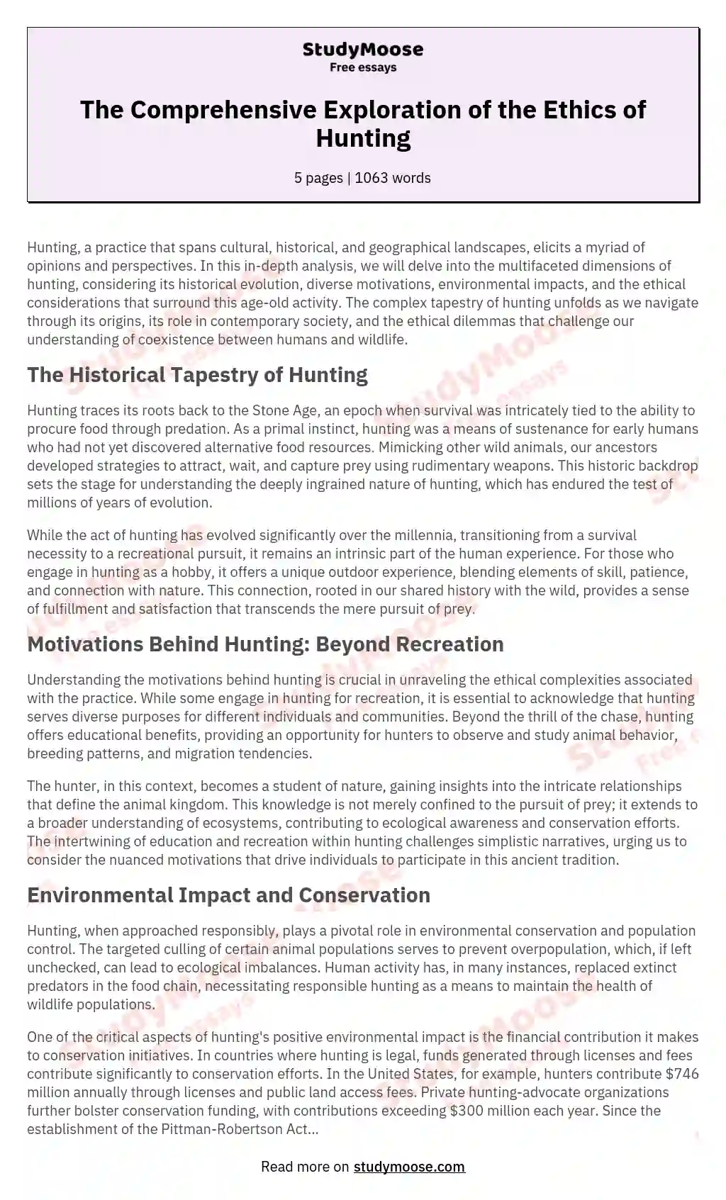 The Comprehensive Exploration of the Ethics of Hunting essay