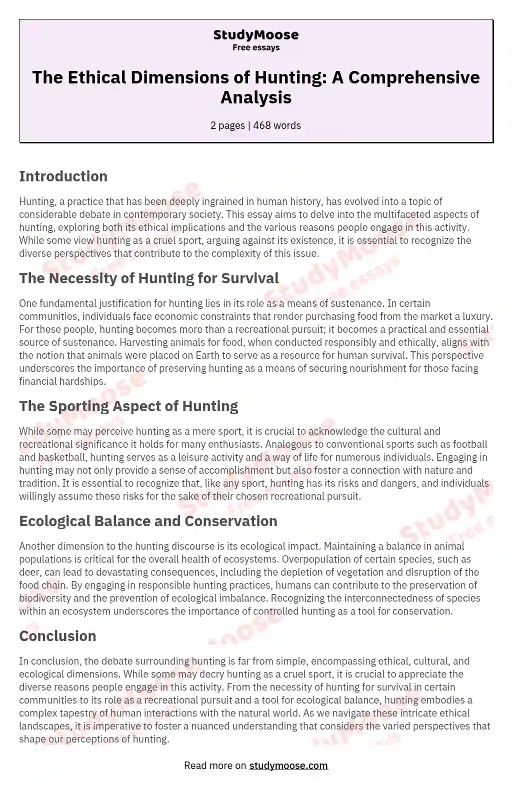 The Ethical Dimensions of Hunting: A Comprehensive Analysis essay