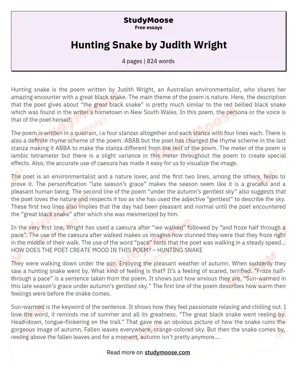 Hunting Snake by Judith Wright essay