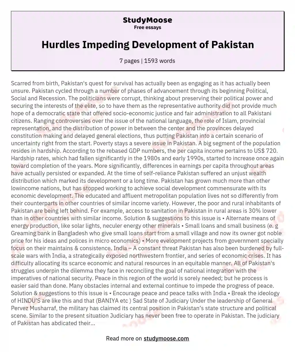 Hurdles Impeding Development of Pakistan essay
