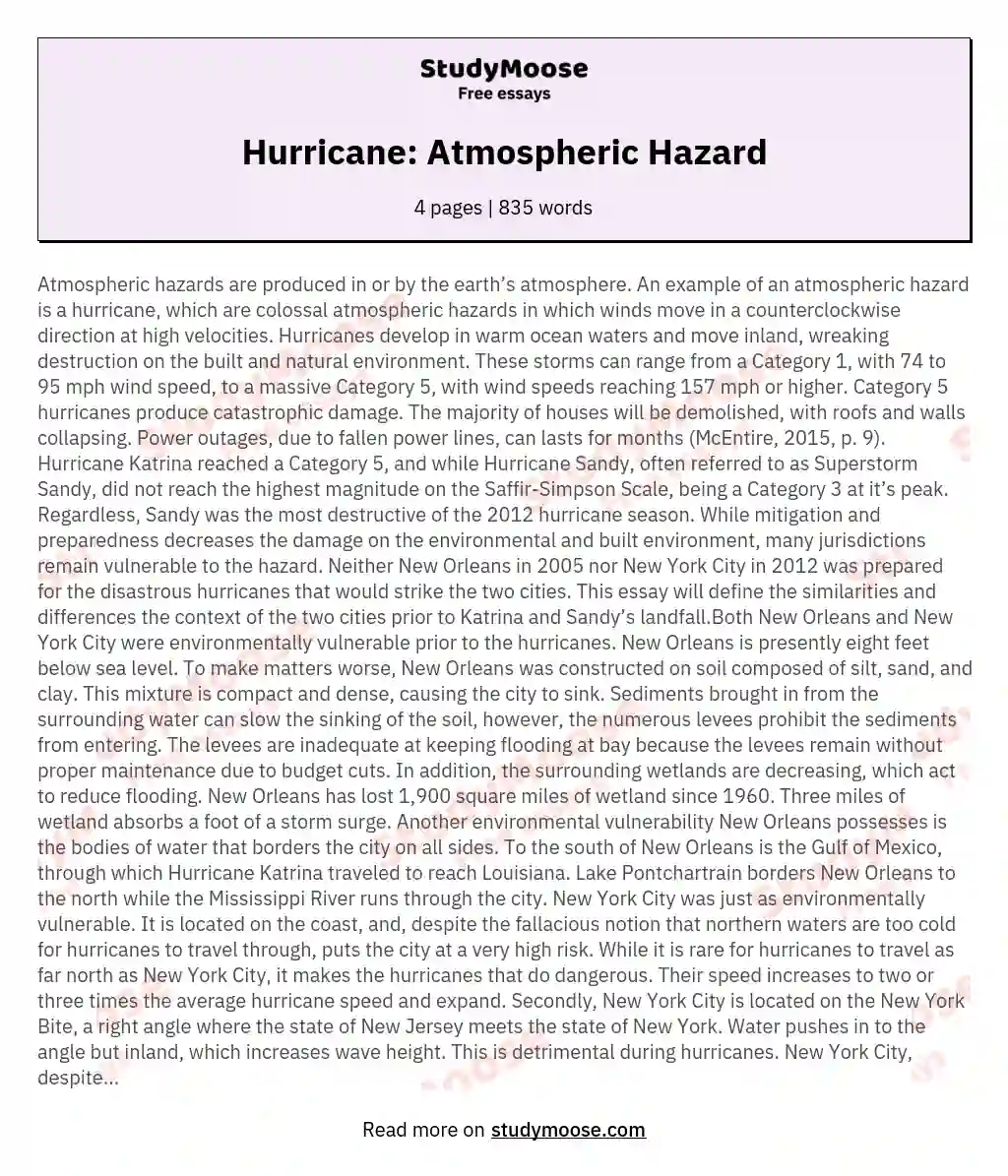 Hurricane: Atmospheric Hazard essay