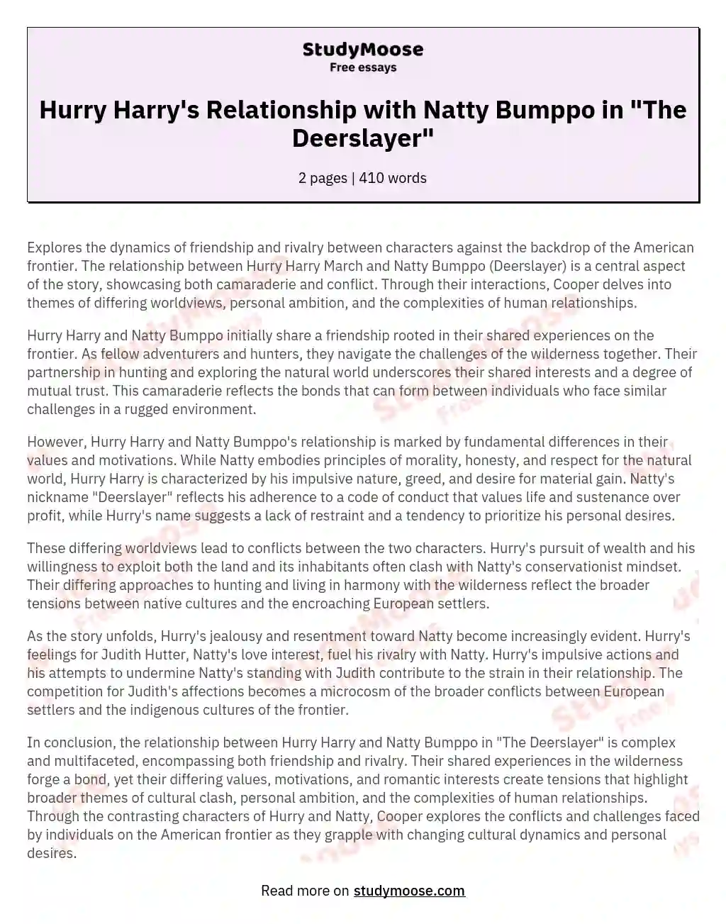 Hurry Harry's Relationship with Natty Bumppo in "The Deerslayer" essay