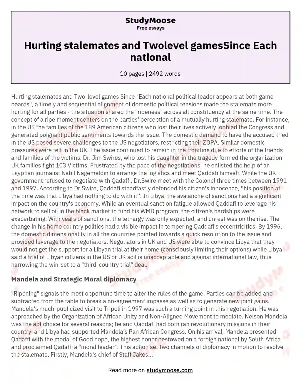 Hurting stalemates and Twolevel gamesSince Each national