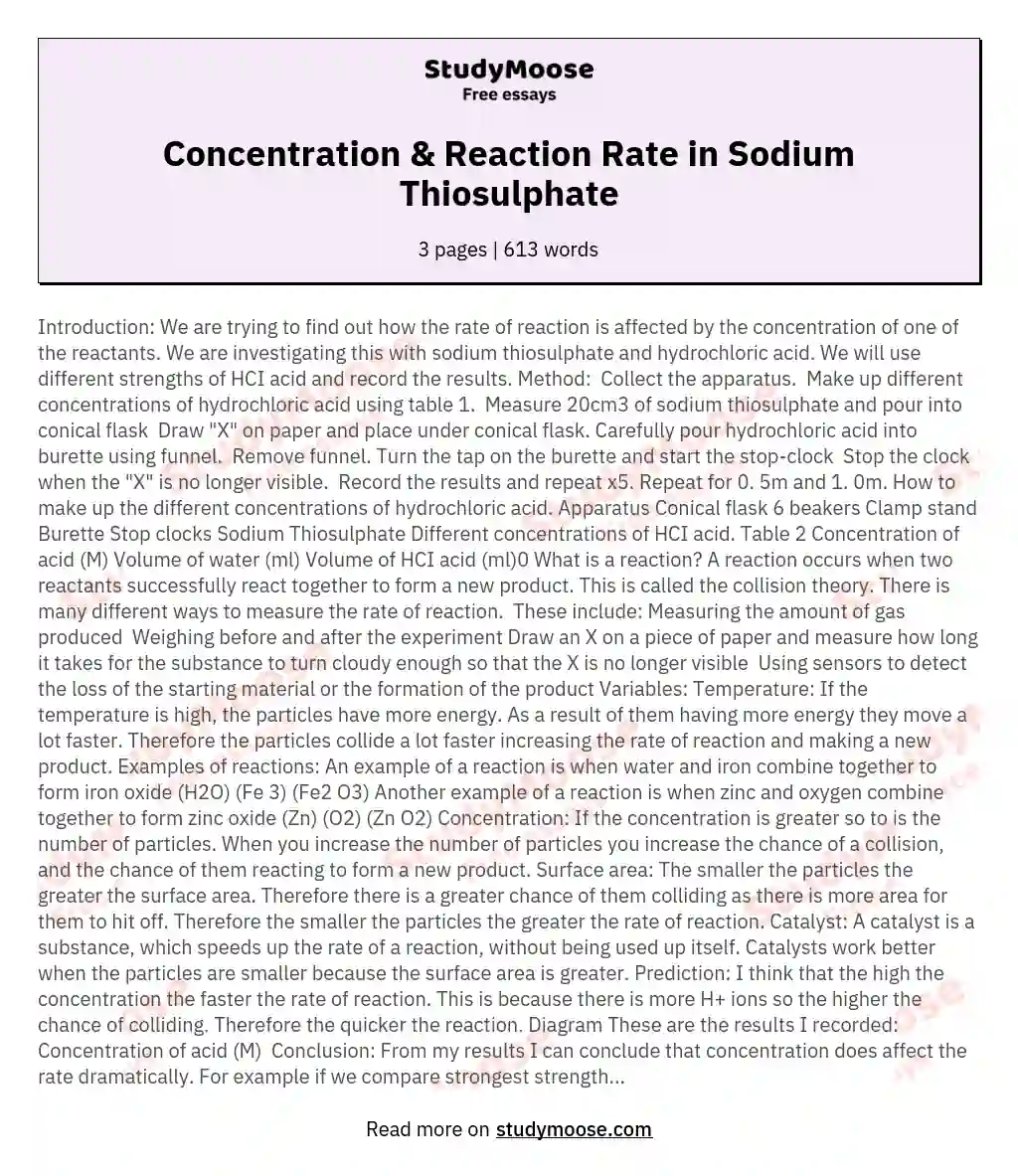 Concentration & Reaction Rate in Sodium Thiosulphate essay