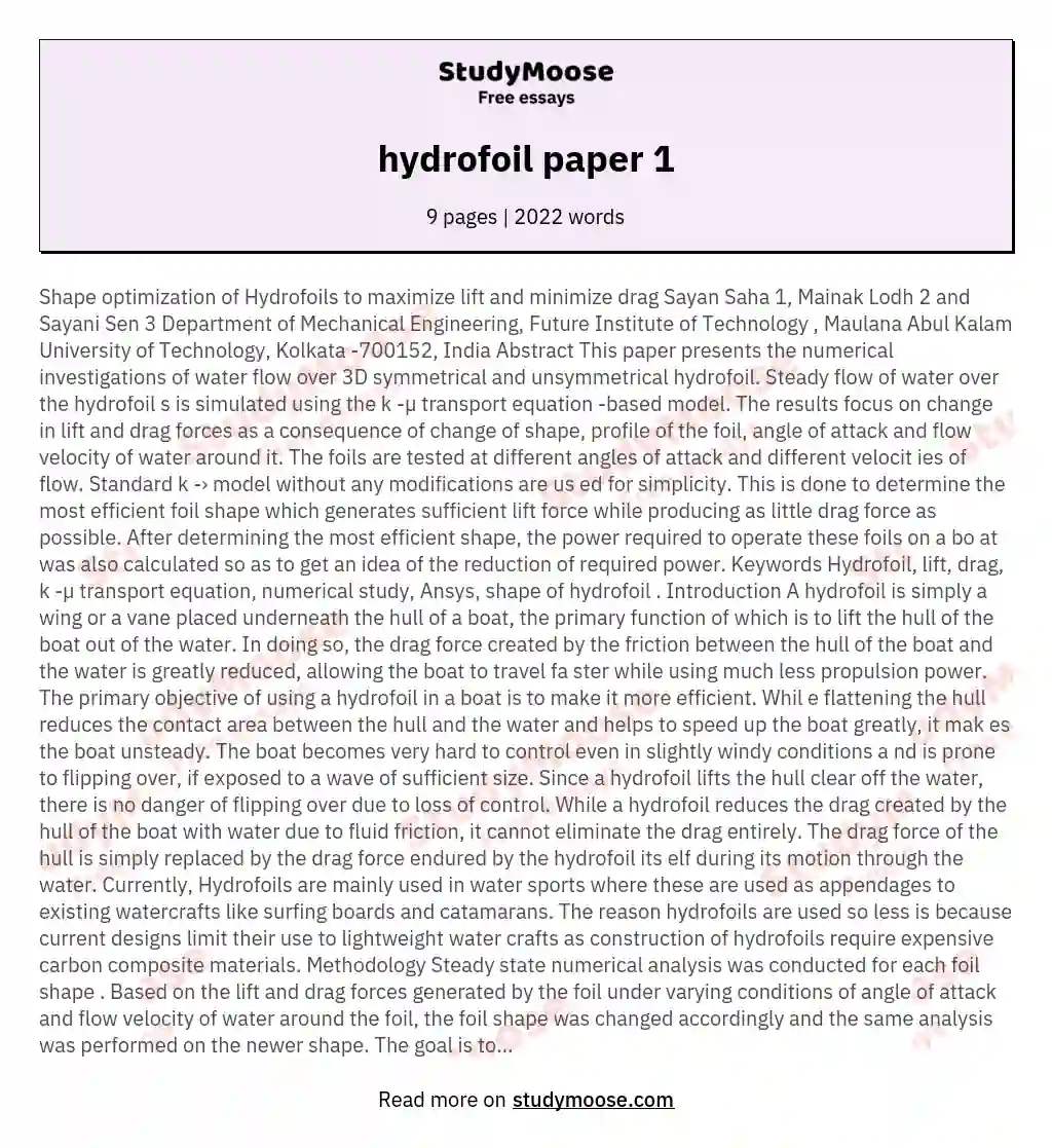 hydrofoil paper 1 essay