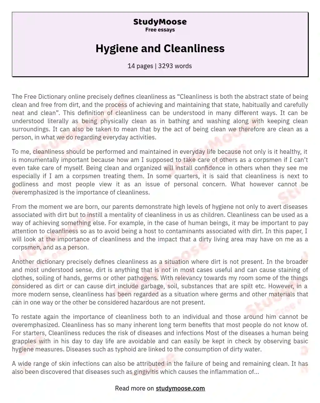 Hygiene and Cleanliness essay