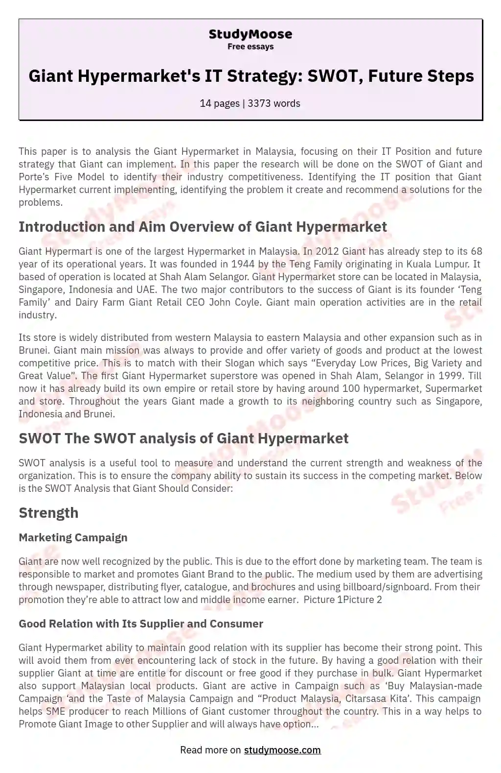 Giant Hypermarket's IT Strategy: SWOT, Future Steps essay