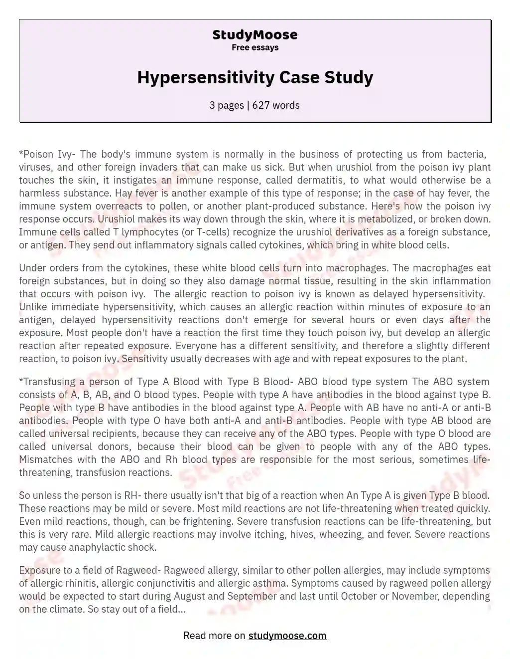Hypersensitivity Case Study essay