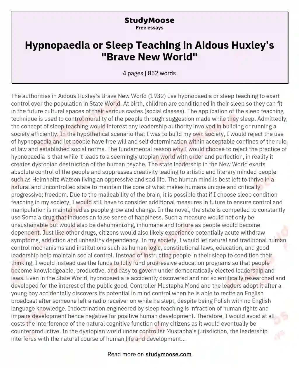 Hypnopaedia or Sleep Teaching in Aidous Huxley’s "Brave New World"