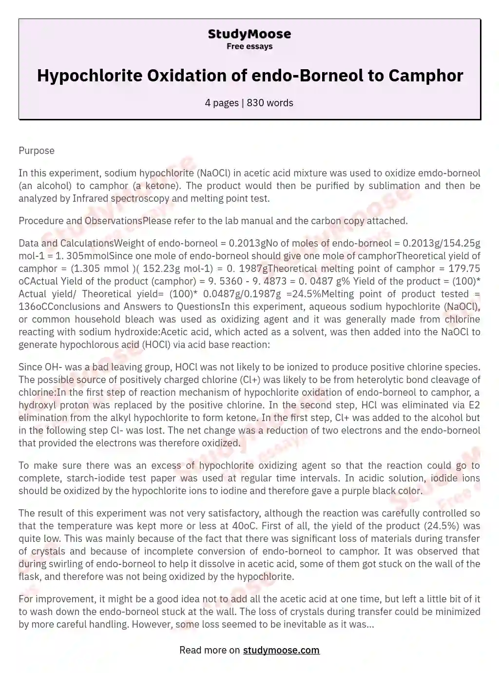 Hypochlorite Oxidation of endo-Borneol to Camphor essay