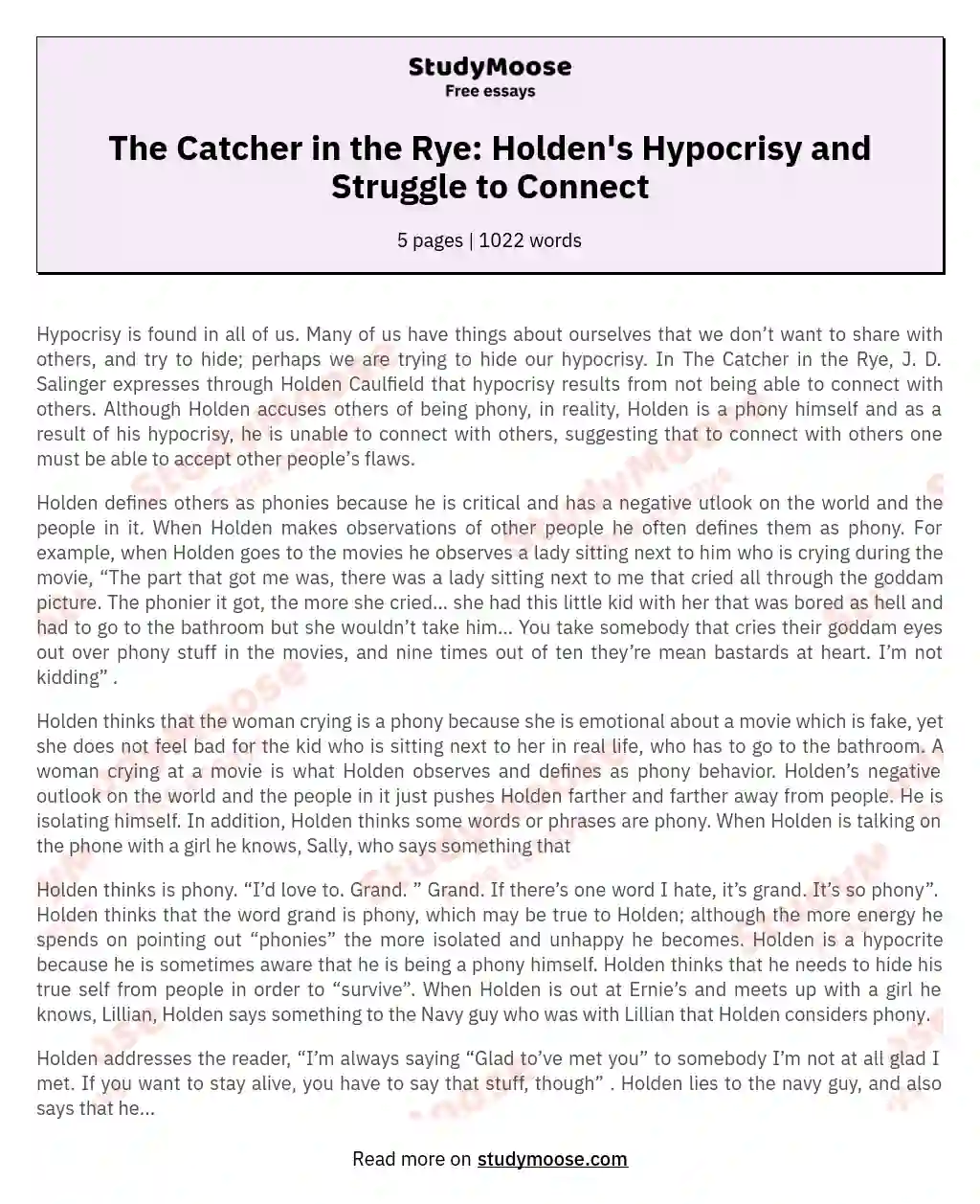 The Catcher in the Rye: Holden's Hypocrisy and Struggle to Connect essay