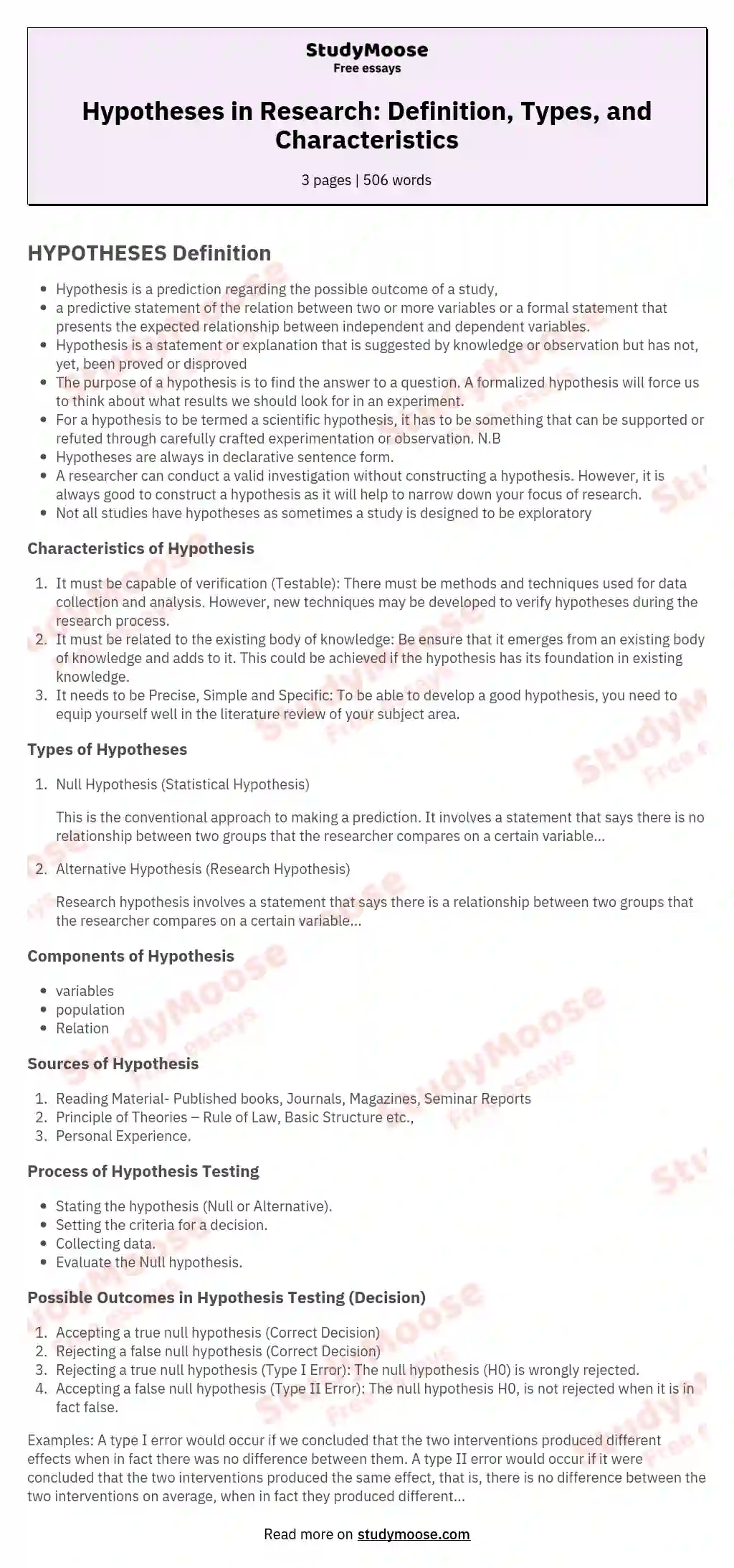 Hypotheses in Research: Definition, Types, and Characteristics essay