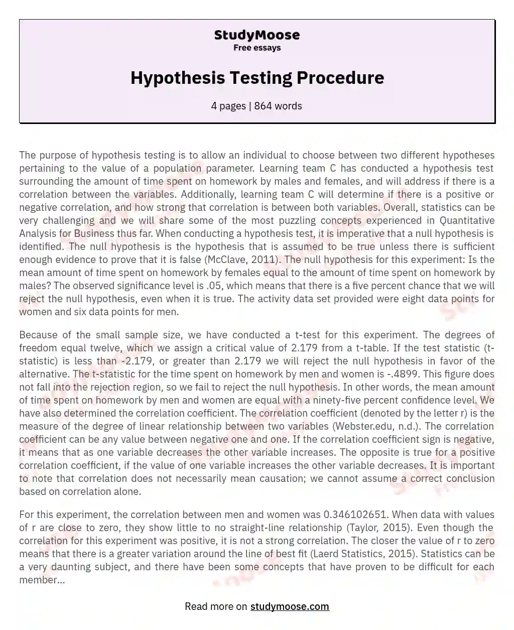Hypothesis Testing Procedure essay