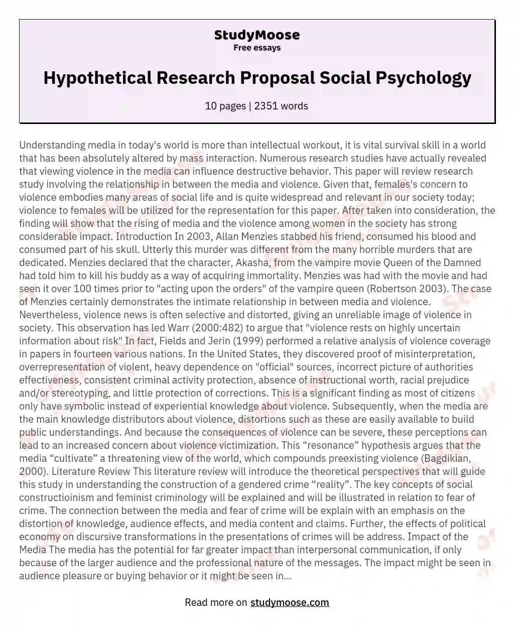 Hypothetical Research Proposal Social Psychology essay