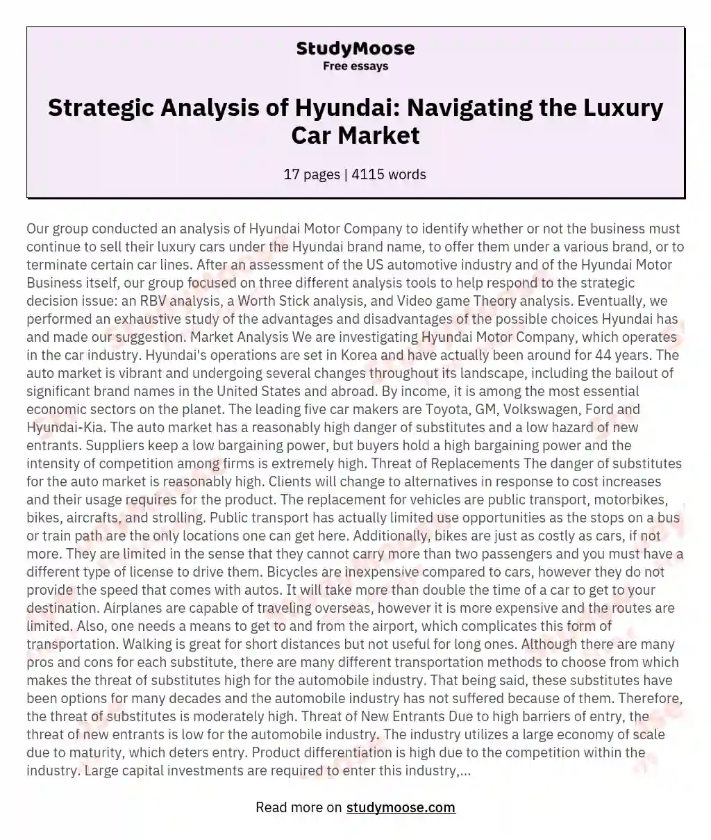 Strategic Analysis of Hyundai: Navigating the Luxury Car Market essay
