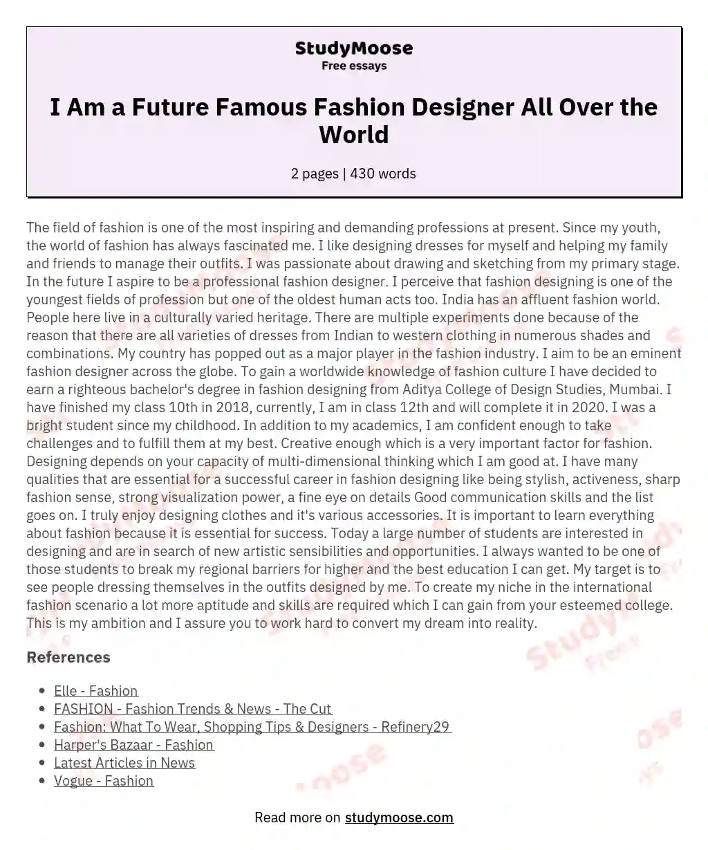 I Am a Future Famous Fashion Designer All Over the World essay