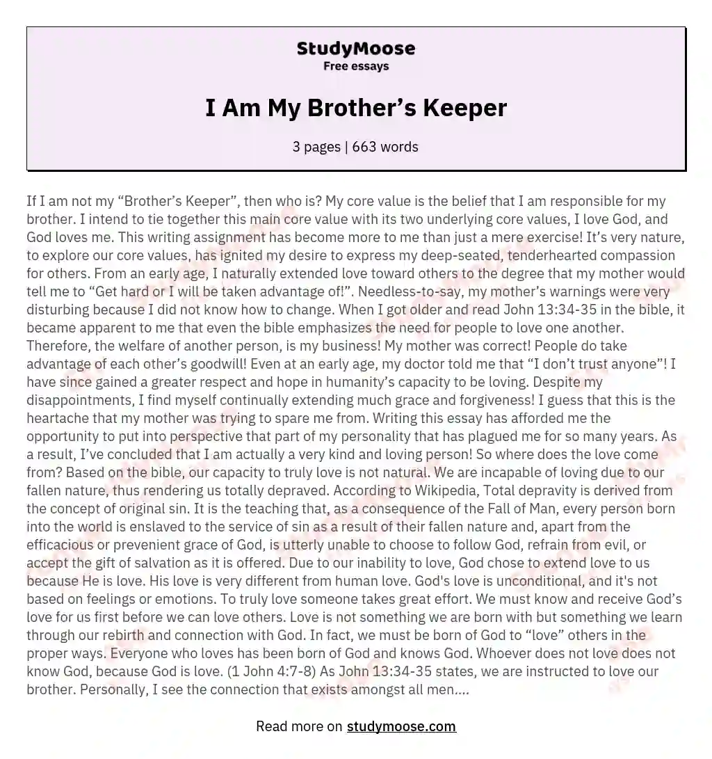 I Am My Brother’s Keeper essay