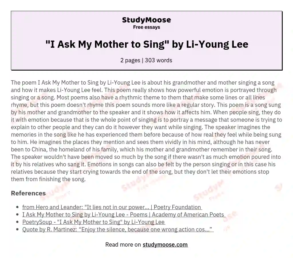 "I Ask My Mother to Sing" by Li-Young Lee essay