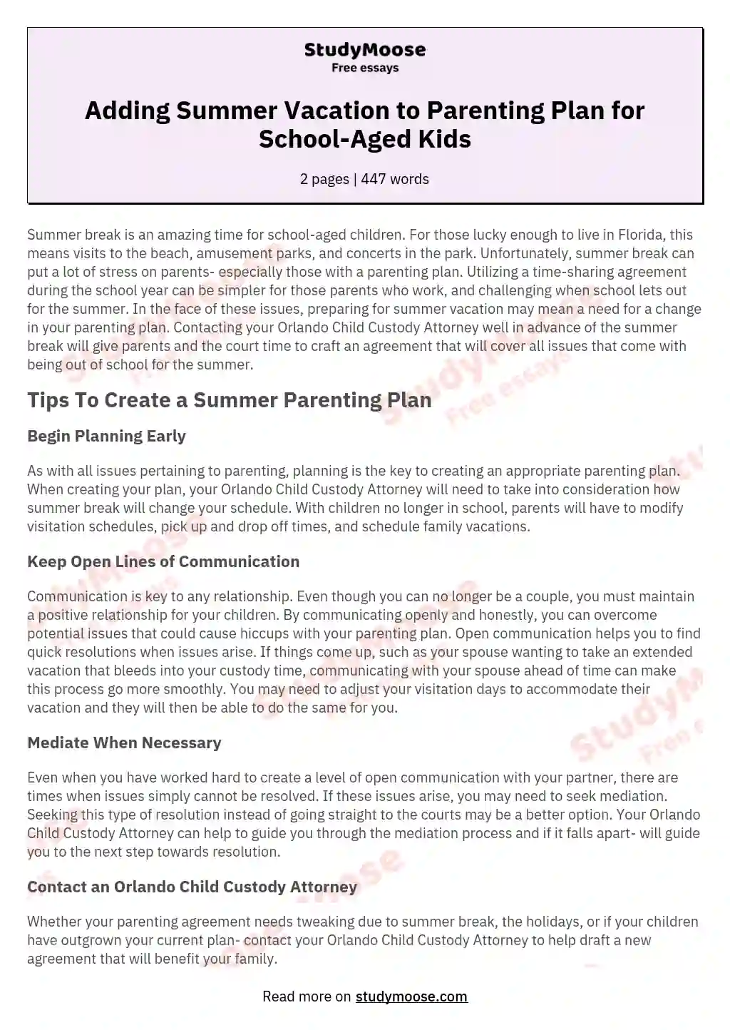 Adding Summer Vacation to Parenting Plan for School-Aged Kids