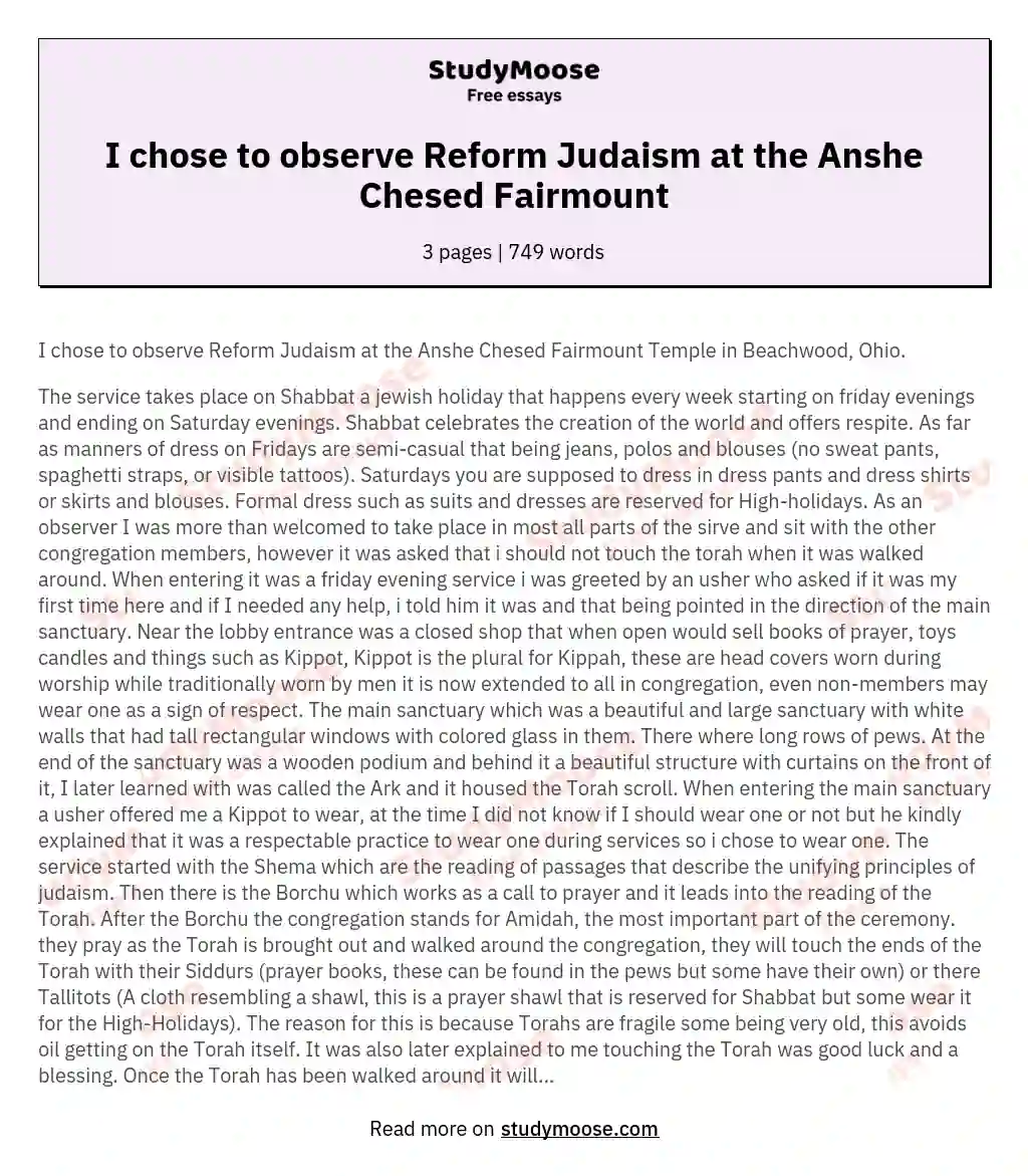 I chose to observe Reform Judaism at the Anshe Chesed Fairmount essay
