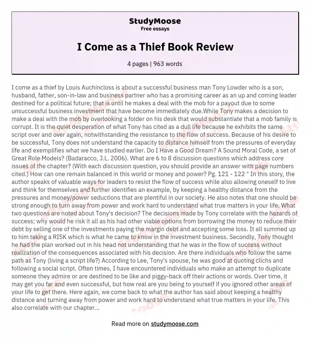 I Come as a Thief Book Review essay