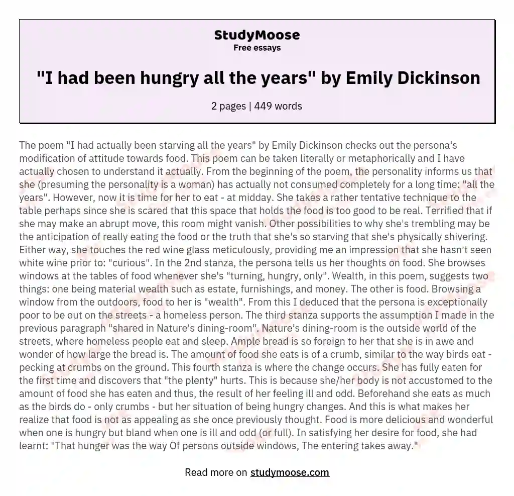 "I had been hungry all the years" by Emily Dickinson essay