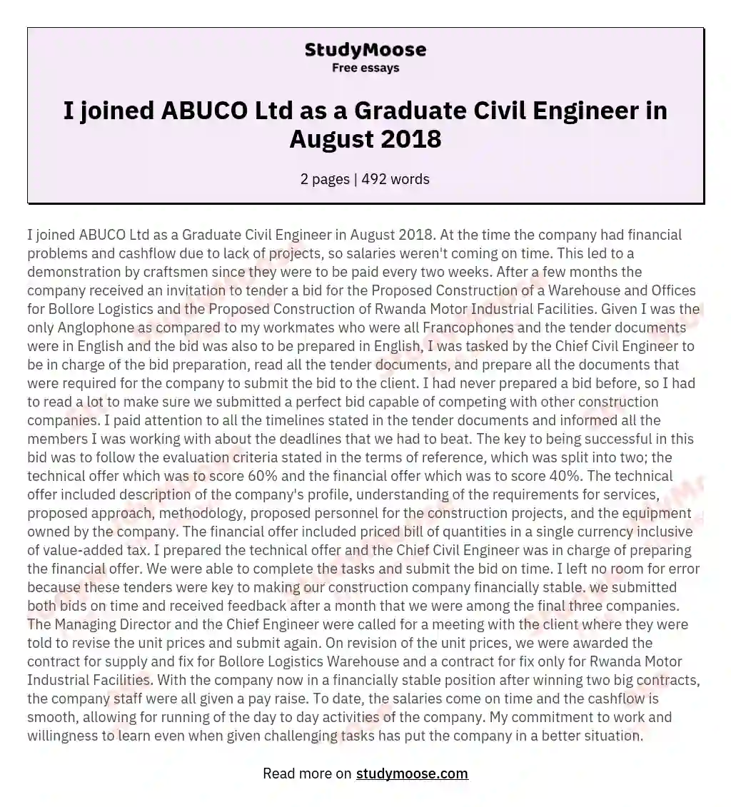 I joined ABUCO Ltd as a Graduate Civil Engineer in August 2018 essay