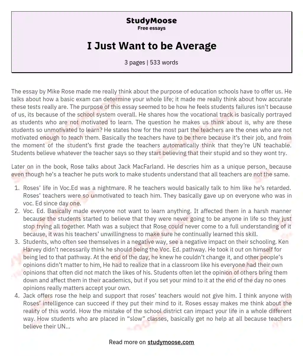 I Just Want to be Average essay