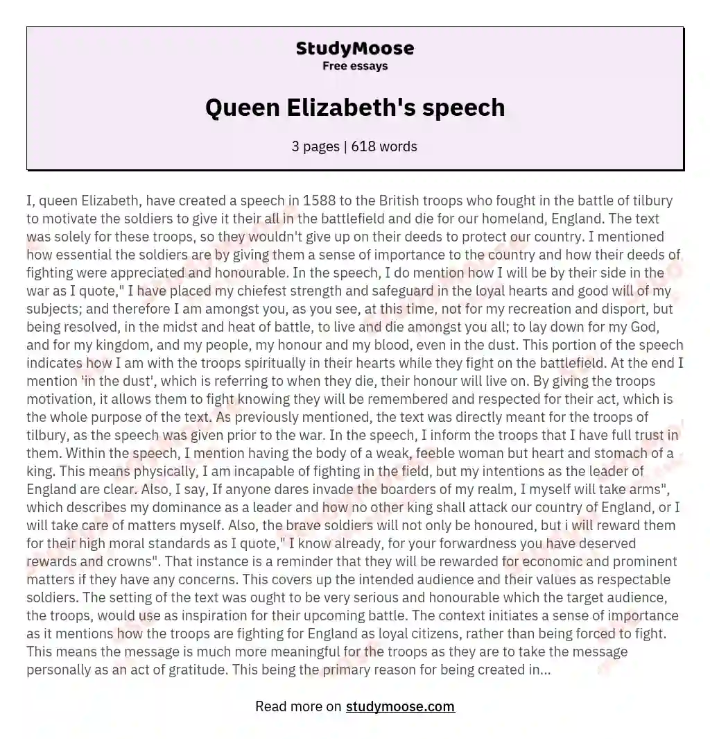 rhetorical analysis of queen elizabeth's speech at tilbury