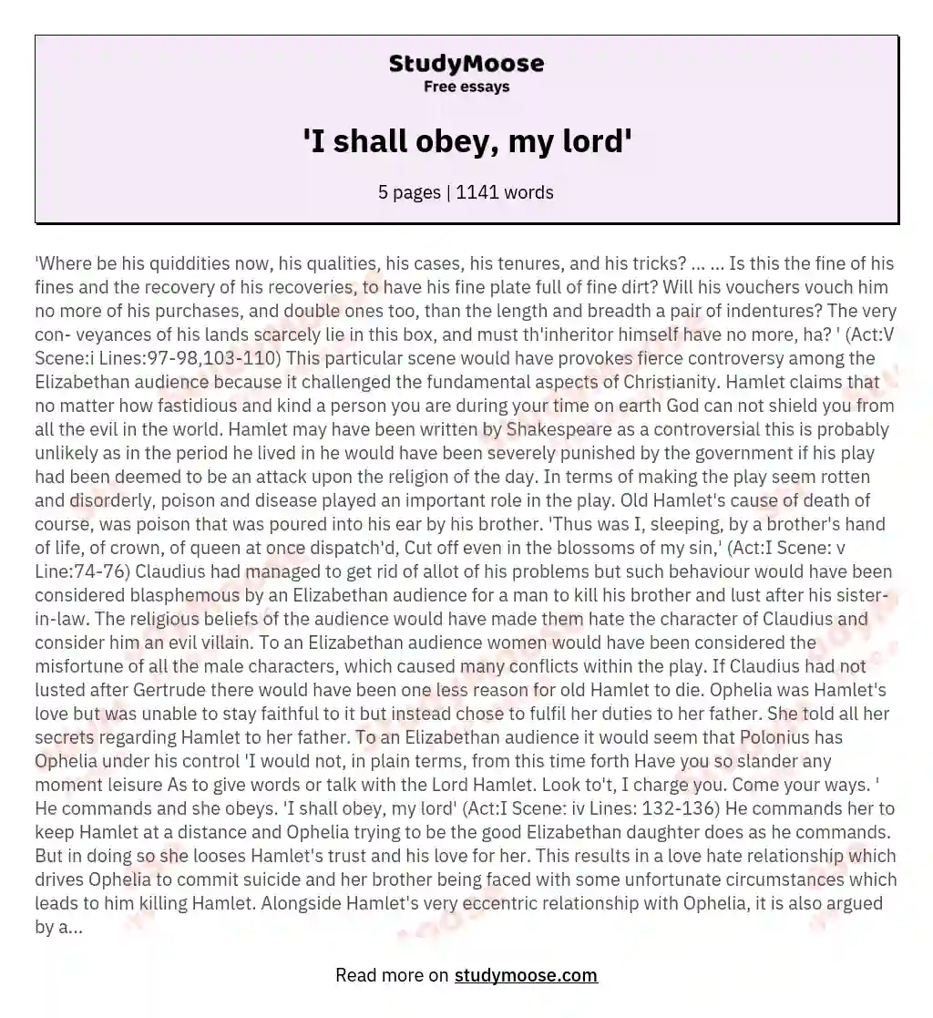 'I shall obey, my lord' essay