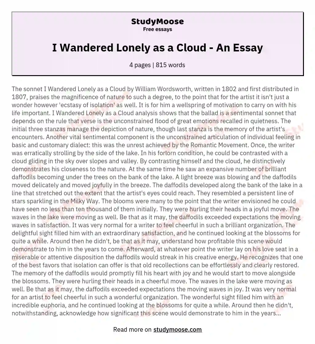 I Wandered Lonely as a Cloud  - An Essay essay