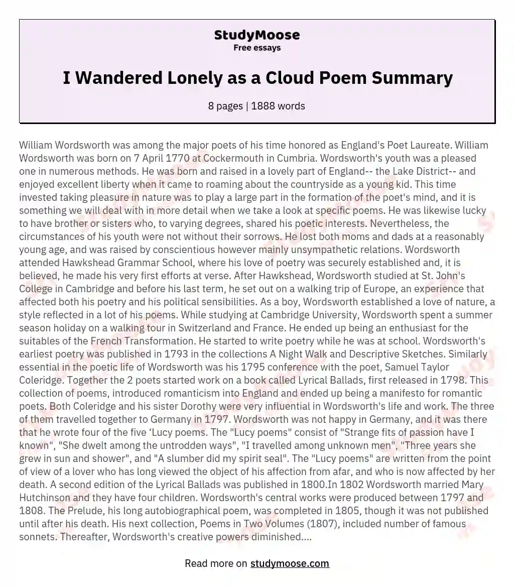 i wandered as a lonely cloud summary