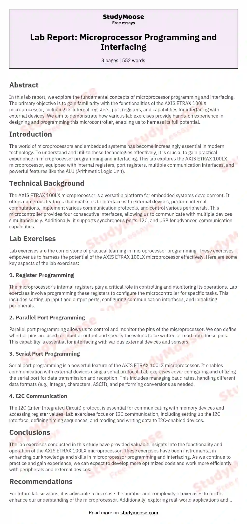 Lab Report: Microprocessor Programming and Interfacing essay
