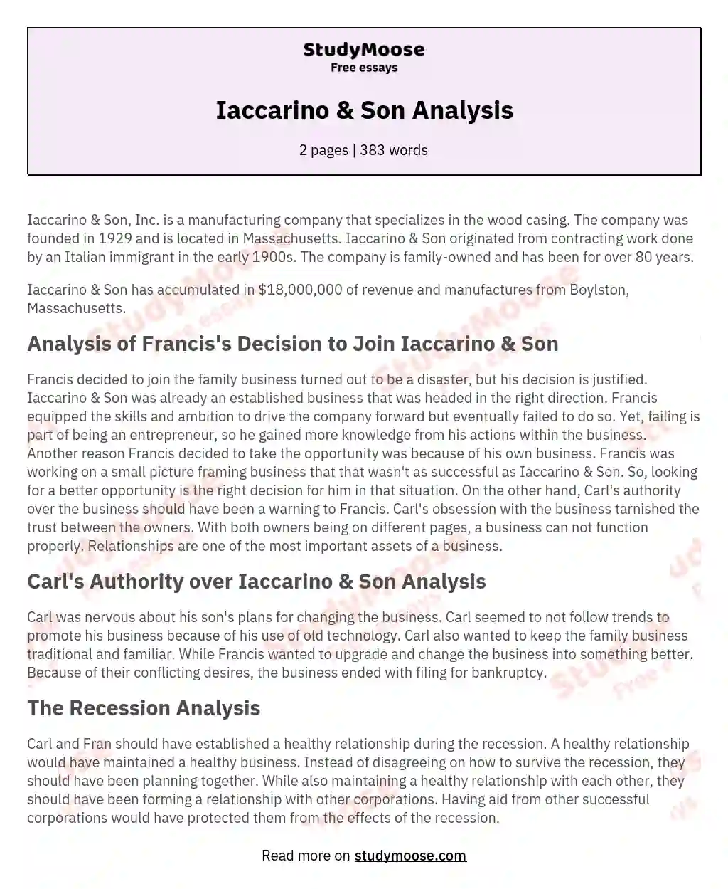 Iaccarino & Son Analysis essay