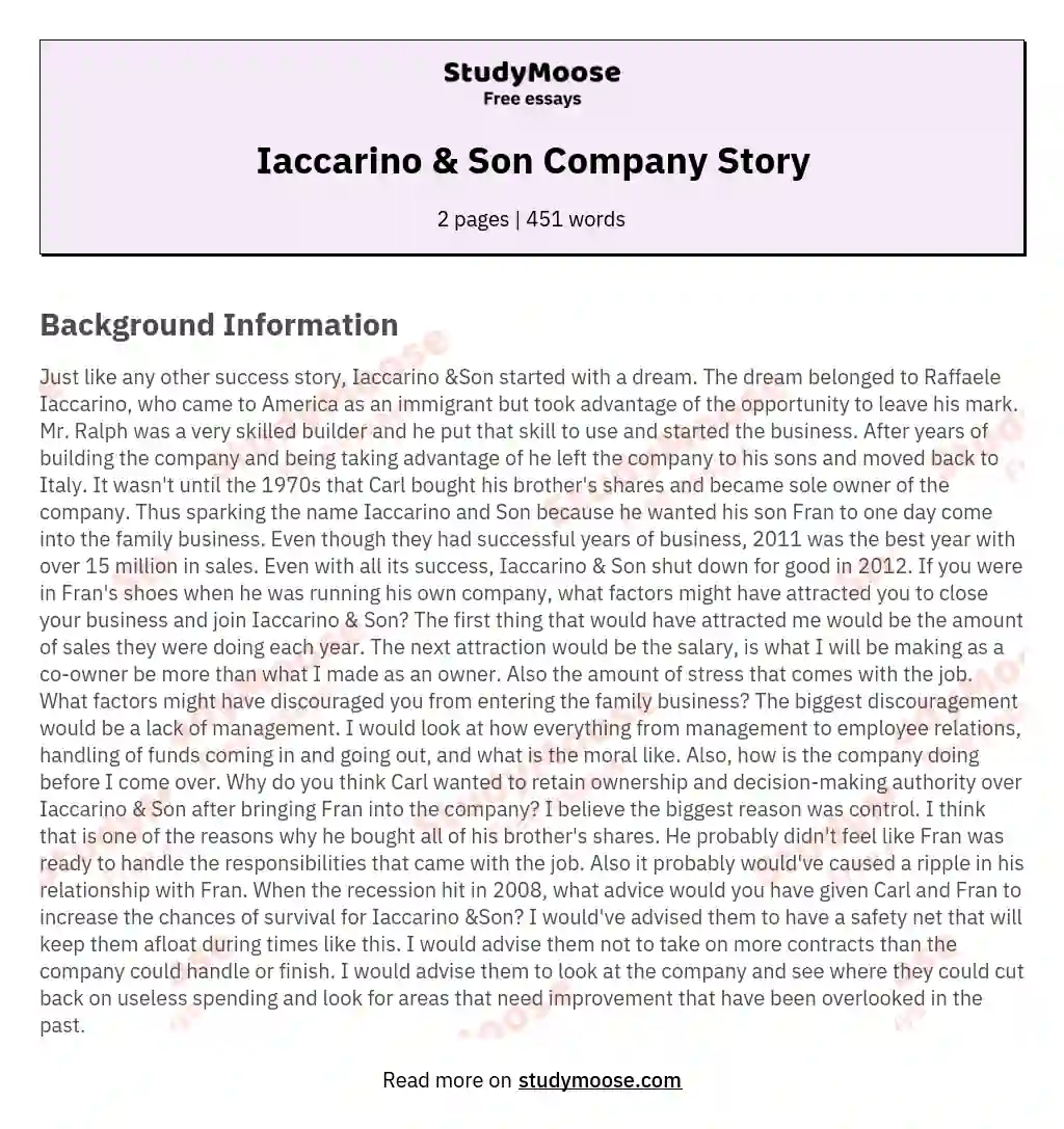 Iaccarino & Son Company Story essay