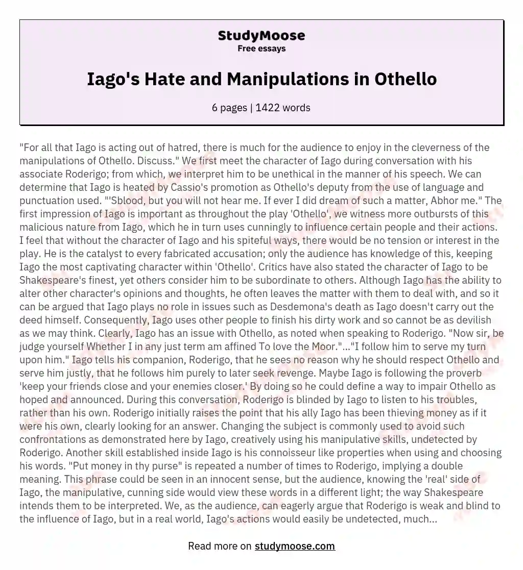 Iago's Hate and Manipulations in Othello