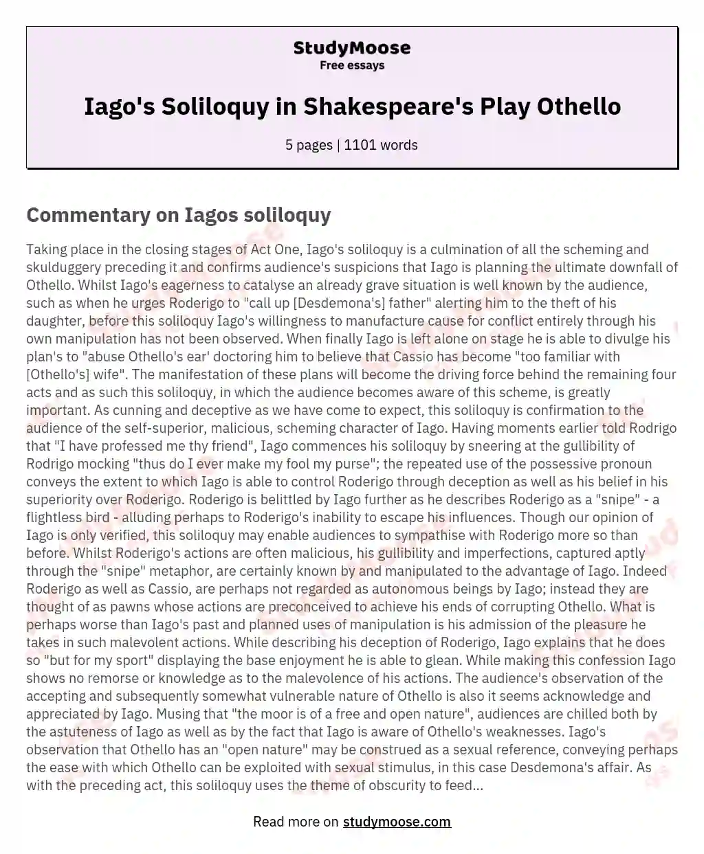 Iago's Soliloquy in Shakespeare's Play Othello essay