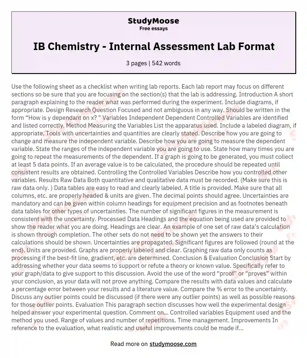 IB Chemistry - Internal Assessment Lab Format essay